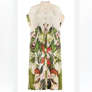Carolina K Valerie Medicinal Plants Silky Satin Caftan MIDI Dress OVERSIZED XS
